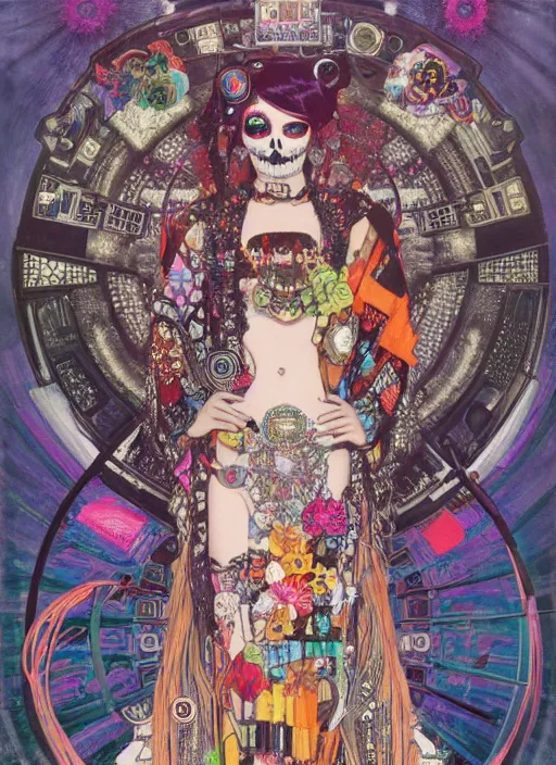 Image similar to cute punk goth fashion hippy fractal Día de los Muertos alien girl wearing kimono made of circuits and leds by Mario Testinoa, propaganda poster art by Hannah Höch Victor Moscoso Rick Griffin Alphonse Mucha Gustav Klimt Ayami Kojima Amano Charlie Bowater