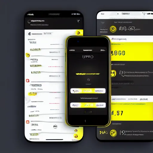 Prompt: a full ux layout of a connected car dashboard and marketplace mobile app for ios with a black and yellow theme. you can see the fuel levels / charge, you can see the washer levels, there is a lock and unlock button, very slick, ios 1 6, dynamic, rule of thirds