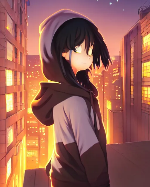 Prompt: anime visual, portrait of a young black haired girl wearing hoodie sightseeing above the urban street in bright day guardrail, cute face by yoh yoshinari, katsura masakazu, dramatic lighting, dynamic pose, dynamic perspective, strong silhouette, ilya kuvshinov, anime cels, rounded eyes, moody