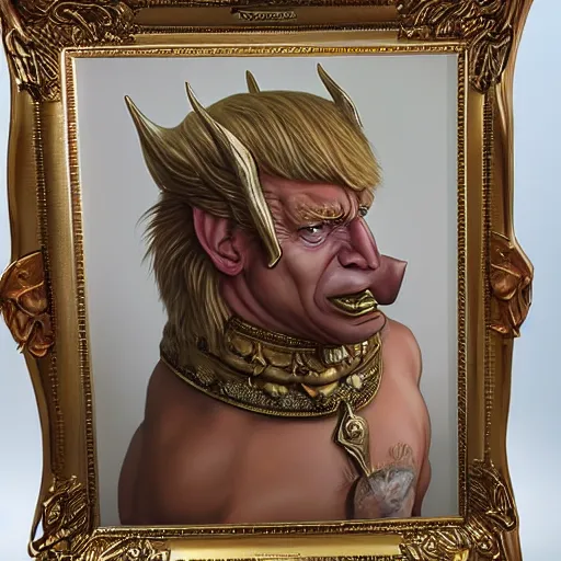 Image similar to a detailed fantasy character portrait of Donald Trump as a Centaur king of arts by lauri blank, artgerm, evelyn de morgan, 8K, 50mm lens