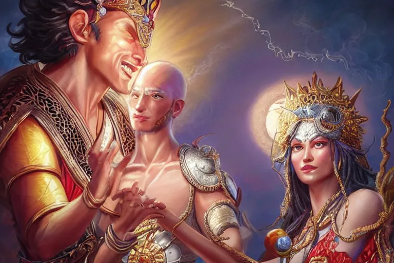 Image similar to close up moment of a divine a sun god and a moon goddess lovers magician at a wedding banquet, highly detailed, d & d, fantasy, highly detailed, digital painting, trending on artstation, concept art, sharp focus, illustration, art by artgerm and greg rutkowski and magali villeneuve