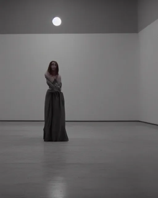 Prompt: a beautiful but horrifying young woman wearing an austere dress is standing in a vast and empty gallery. blood is on the walls, and the moon is shining through the windows. photographed in the 1 9 7 0 s, baroque painting