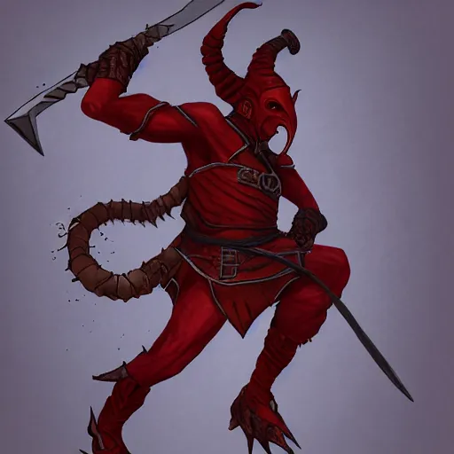 Image similar to d & d red skinned rogue tiefling, duel wielding daggers leaping jump attack, using dwarf as stepping stone, jump from dwarf to enemy, walk over dwarf, fantasy, concept art highly detailed