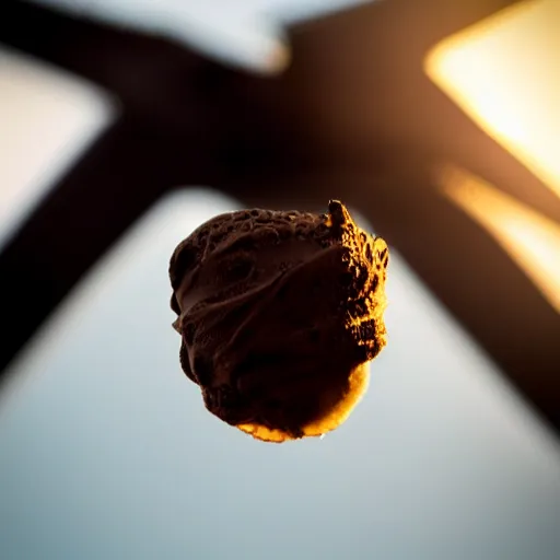 Image similar to detailed photograph of a levitating chocolate ice cream cone becoming a hairy spider body at the bottom. dramatic, golden light. realistic photograph.