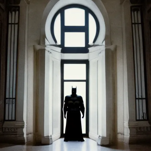 Image similar to Batman standing in giant Italian modern castle living room, clean minimalist design, that is 1300 feet tall, with very tall giant walls filled with modern art paintings, doors that are cosmic portals, photo by Annie Leibovitz