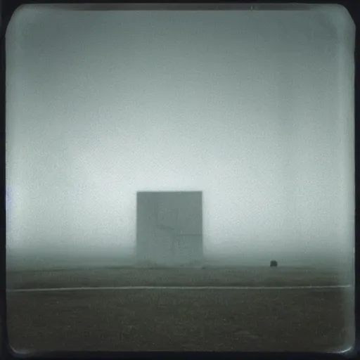 Image similar to impossibly large concrete structure in the distance, middle of nowhere, minimalist architecture, megalophobia, top obscured by fog, old polaroid, expired film,