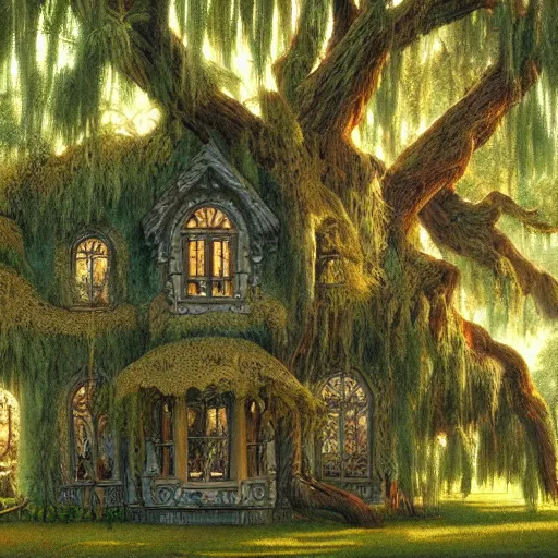 Prompt: mansion in a willow tree grove, Darrell K Sweet, artstation