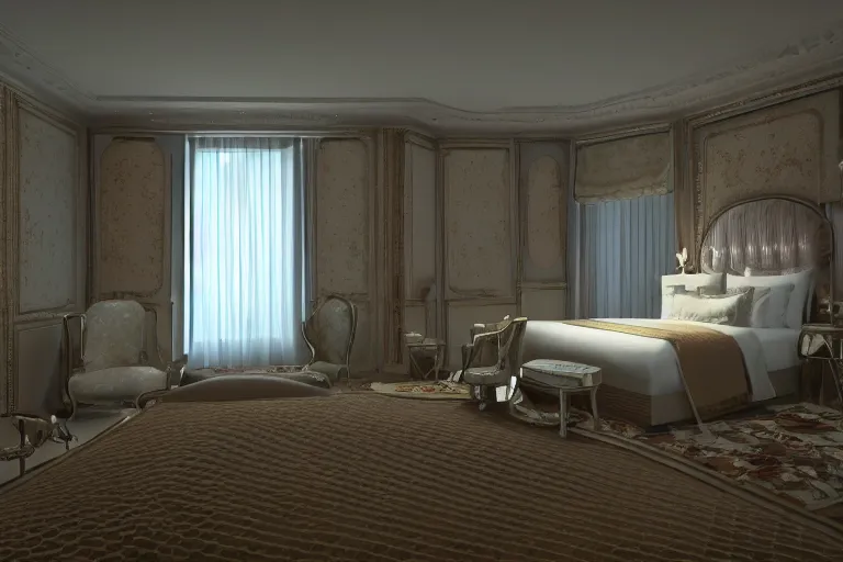 Prompt: hotel bedroom from the 2 0 4 0 s trending on artstation 3 2 k intricate artstation hd cgsociety contest winner polycount hd detailed medium shot