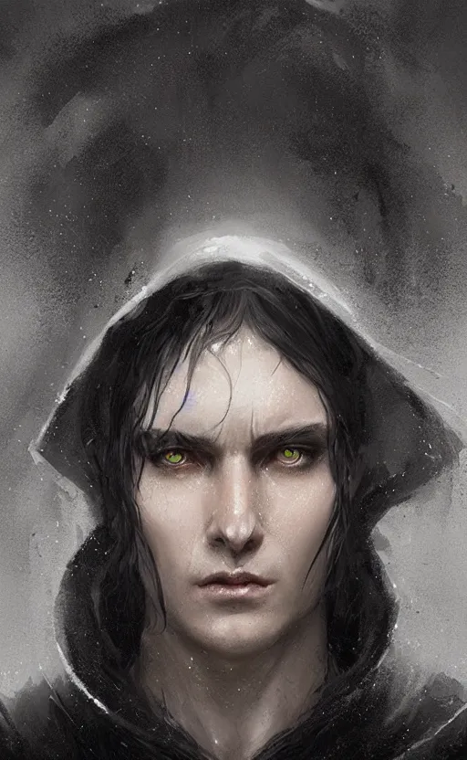 Image similar to Portrait of an elf in a black cloak, black hair, glowing eyes, male, detailed face, fantasy, highly detailed, cinematic lighting, digital art painting by greg rutkowski