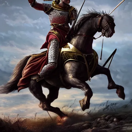 Image similar to a hero from the war of the roses riding an armored horse into battle with a lance and shield, epic, glory, high detail cinematic lighting