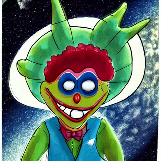 Image similar to an alien clown in space