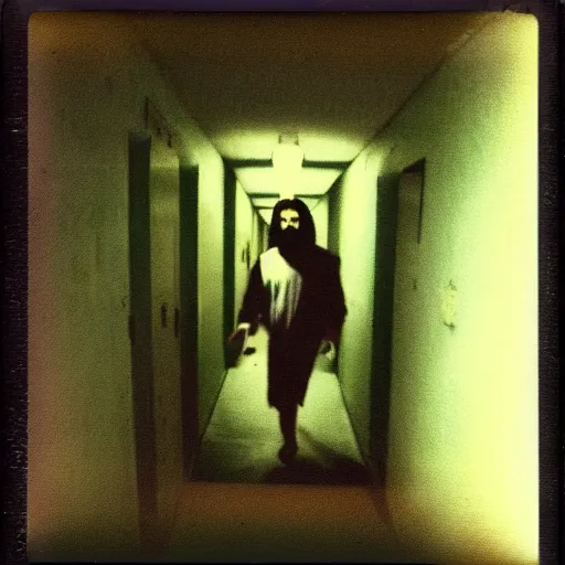 Image similar to A creepy polaroid photo of Jesus chasing you down a hallway