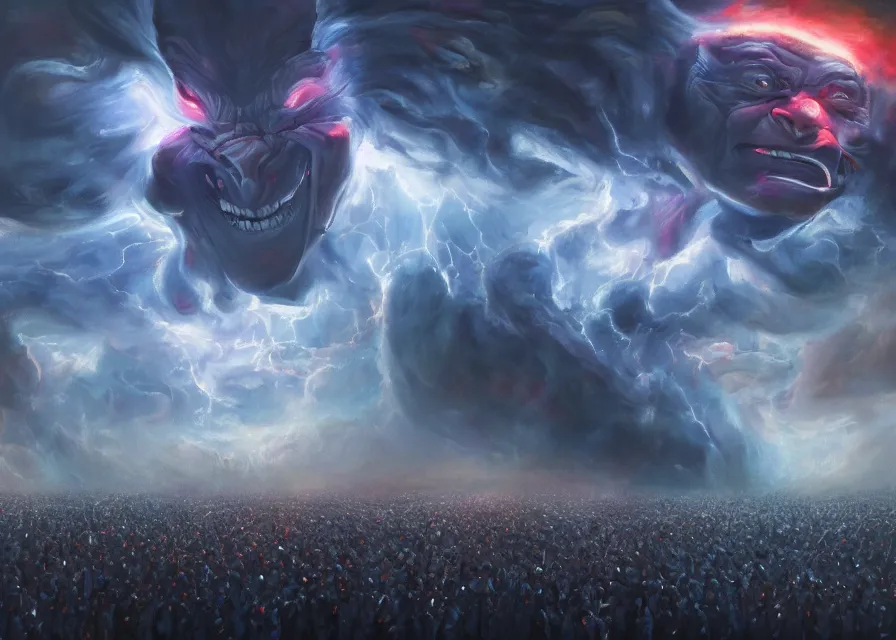 Image similar to large abstract painting of giant grinning evil dynamic Joe Biden head emerging from cosmic clouds at giant immense crowd of person army, trending on ArtStation, masterpiece, by Ciurlionis, octane, lightbeam eyes, oil on canvas, moody lighting, lights beaming out of eyes, cinematic, professional environment concept art