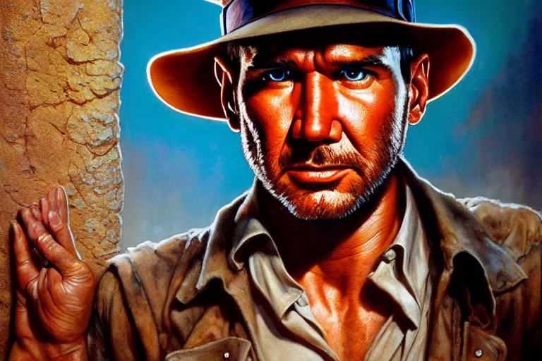 Prompt: hyperrealistic mixed media painting of Indiana Jones, perfect facial symmetry, dim volumetric lighting, 8k octane beautifully detailed render, post-processing, portrait, extremely hyper-detailed, intricate, epic composition, realistic eyes, cinematic lighting, masterpiece, trending on artstation, stunning, art by P. Craig Russell and Barry Windsor-Smith