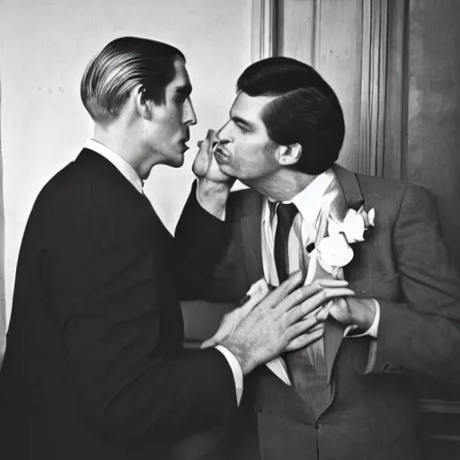 Prompt: a man is kissing godfather's hand in a dark 70's style room
