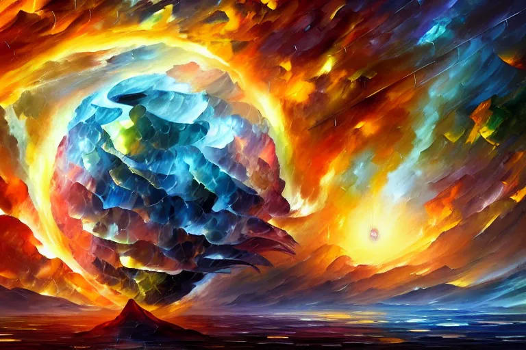 Image similar to a god giving birth to a new universe and then dissolving itself into it, in the style of wlop and leonid afremov, illustration, epic, fantasy, hyper detailed, smooth, unreal engine, sharp focus, ray tracing