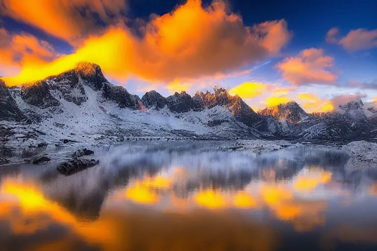 Image similar to amazing landscape photo of mountains with lake in sunset by marc adamus, beautiful dramatic lighting