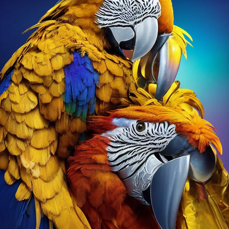 Prompt: octane render portrait by wayne barlow and carlo crivelli and glenn fabry, a beautiful colorful macaw wearing a silver metallic space suit, inside a giant massive wave of colorful iridescent liquid gold, cinema 4 d, ray traced lighting, very short depth of field, bokeh