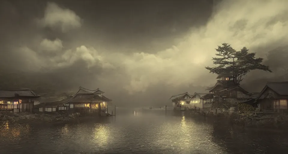 Prompt: An old Japanese fishing village at night, evil, demonic, enchanting, misty, haze, clouds, angelic, flowers, nature, symmetry, environment concept, cinematic, Rendered in Octane, cgsociety, moody lighting rendered by octane engine, cinematic lighting, intricate details, 8k detail post processing, hyperealistic, photo realism, by Stephen King