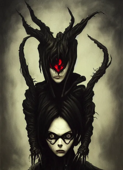 Image similar to dark portrait painting of tracer from overwatch, in style of zdzisław beksinski, scary, horror, overwatch tracer character, evil grin, detailed face, dressed in dark garment, black tendrils, tall,