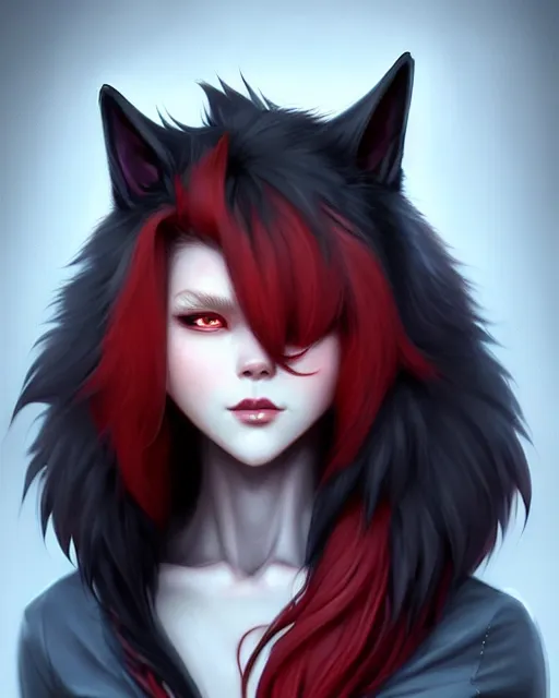 Image similar to character concept art of a black anthropomorphic male furry wolf long red hair | | cute - fine - face, pretty face, key visual, realistic shaded perfect face, fine details by stanley artgerm lau, wlop, rossdraws, james jean, andrei riabovitchev, marc simonetti, and sakimichan, trending on artstation