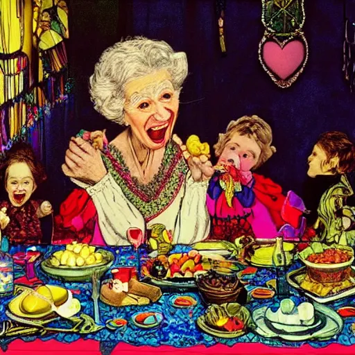 Image similar to hyper realistic hight detailed grandmother with a big mouth eating babies on the table in the russian kitchen, style by harry clarke, bright colors, 4 k, 1 6 k, 3 2 k