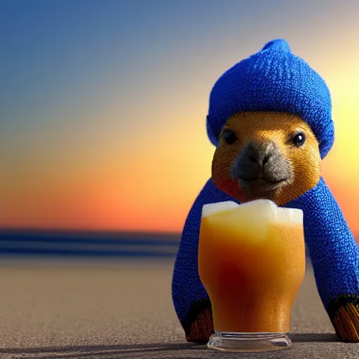 Prompt: a photorealistic photograph of a knitted cute Capybara wearing sunglasses and dressed a blue beanie cap. The subject is sipping a refreshing Mai Tai drink cocktail at the beach during sunset. This 4K HD image is Trending on Artstation, featured on Behance, well-rendered, extra crisp, features intricate detail and the style of Unreal Engine.