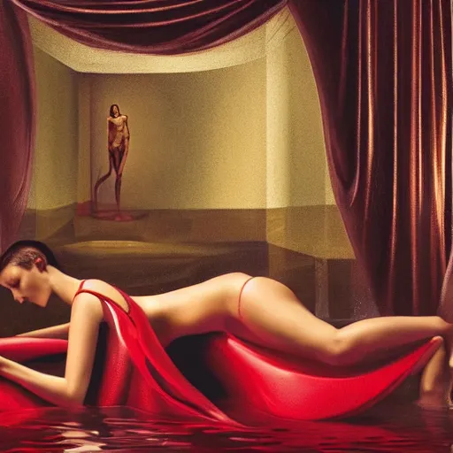 Prompt: Bella Hadid full body laying in a blood red pool of water between a golden mirror frame, outside is space and inside the mirror frame is a beautiful landscape., physically accurate, dynamic lighting, intricate, elegant, highly detailed, digital painting, artstation, HR GIGER, Hieronymus Bosch, Francis Bacon, concept art, smooth, sharp focus, illustration, art by artgerm and greg rutkowski and alphonse mucha