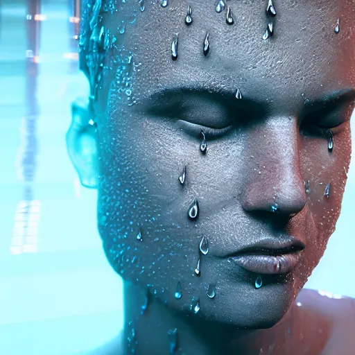 Image similar to a human sculpture made out of rain, neon, beautiful, rendered in octane, unreal engine, realistic