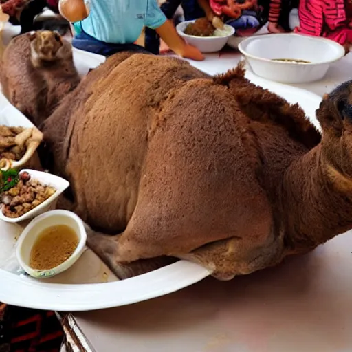 Image similar to whole roast camel served on a giant plate in front of a group of children in a kindergarten