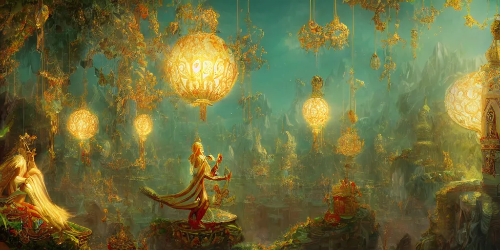 Image similar to painting of a god of wind enjoying his ornate heavenly palace, decorated with windchimes and paper lanterns, stunning green nature in background, spacious palace, digital art trending on artstation