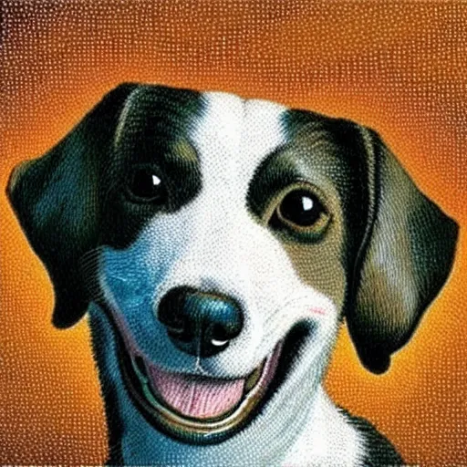 Image similar to dog smiling with human teeth, pointillism style, renaissance style, realistic canvas