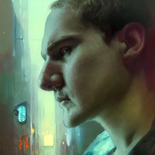 Image similar to bo burnham, hyperrealistic portrait, bladerunner street, art of elysium by jeremy mann and alphonse mucha, fantasy art, photo realistic, dynamic lighting, artstation, poster, volumetric lighting, very detailed face, 4 k, award winning