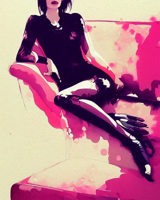 Image similar to a ultradetailed beautiful painting of a stylish woman sitting on a couch, by conrad roset, greg rutkowski and makoto shinkai trending on artstation