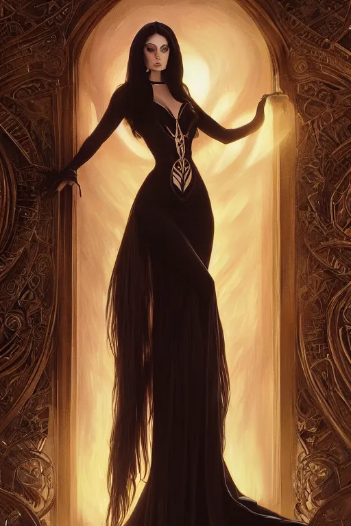 Image similar to ultra realistic illustration, deanna troi as morticia addams from baldurs gate and diablo, intricate, elegant, highly detailed, digital painting, artstation, concept art, smooth, sharp focus, illustration, art by artgerm and greg rutkowski and alphonse mucha