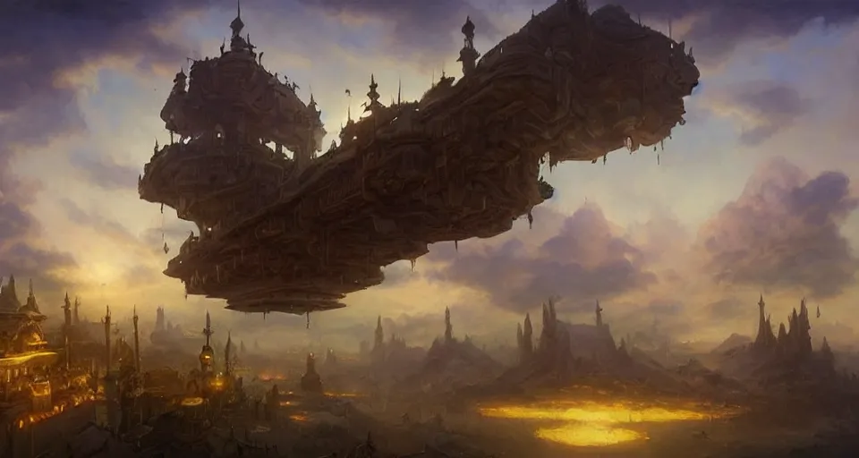 Image similar to landscape an fantasy town in the sky and an skyship flying towards it, andreas rocha