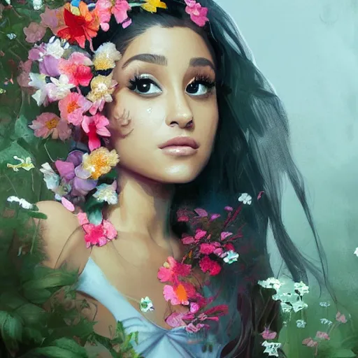 Prompt: painting of ariana grande dressed with flowers, illustration, artistic, colorful, hyper detailed, in the style of Greg Rutkowski