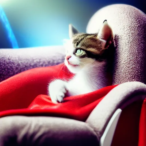 Prompt: a kitten wearing a red cape floating through galaxies of space on a recliner chair, cosmic rays, dramatic lighting, spirals galaxies