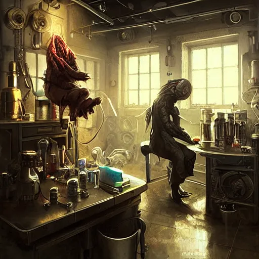 Prompt: the last alchemist sits in his lab by raymond swanland, highly detailed