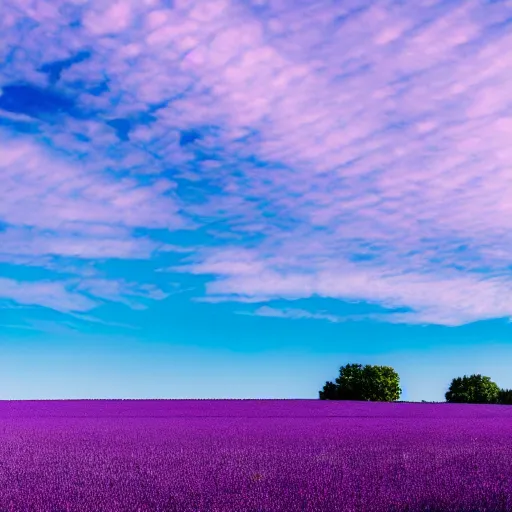 Prompt: photo of a desk on a purple field blue clouds