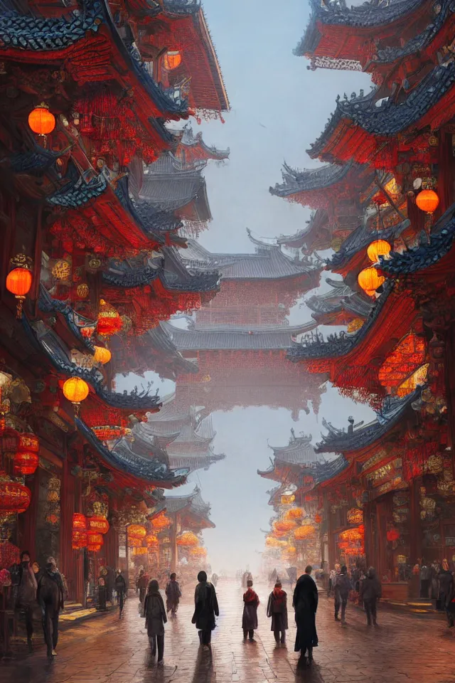 Image similar to epic scenery of a shopping street in the Chinese imperial city, intricate, elegant, volumetric lighting, digital painting, highly detailed, artstation, sharp focus, illustration, concept art, ruan jia, steve mccurry