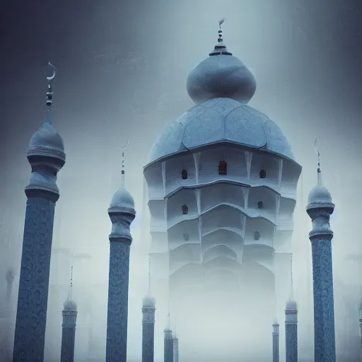 Prompt: a big mosque in a Village, horror, fog, foster, highly detailed, one house, fear, hyper realistic, atmospheric lighting