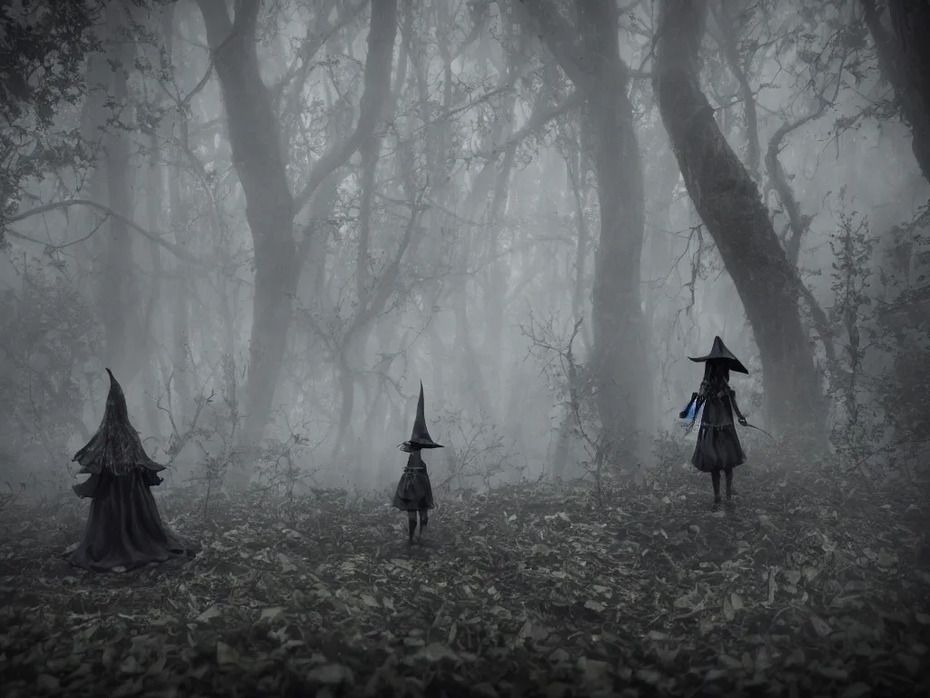 Prompt: cute gothic fumo plush witch girl ventures deep into the forbidden forest, black and white, ancient pagan monument summoning circle, volumetric fog and smoke, the bog of dark abyss, vray