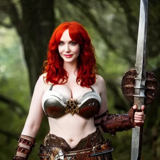 Image similar to full body photo of Christina Hendricks as a barbarian warrior