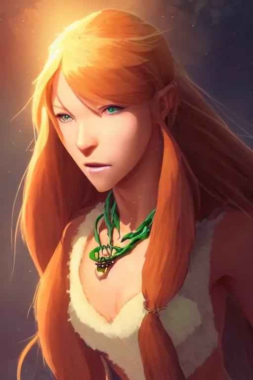 Image similar to long ginger hair, tanned woman in a prehistoric outfit, green eyes, fang necklace, by artgerm, hair tied in a ponytail, white backdrop, soft lighting, night scene, by greg rutkowski makoto shinkai takashi takeuchi