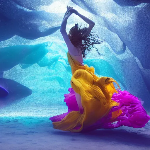 Image similar to woman dancing underwater wearing a flowing dress made of blue, magenta, and yellow seaweed, delicate coral sea bottom, swirling silver fish, swirling smoke shapes, octane render, caustics lighting from above, cinematic, hyperdetailed