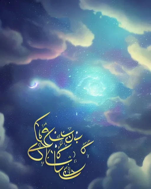 Prompt: the quran descending from the galaxy into clouds highly detailed, gold filigree, romantic storybook fantasy, soft cinematic lighting, award, pastel color palette, featured on artstation