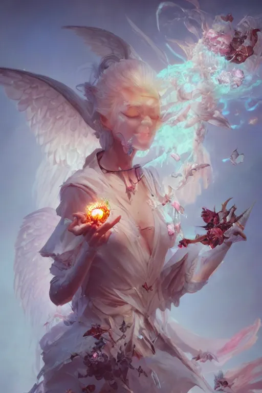 Image similar to beautiful girl necromancer exploding into flowers, angels, 3 d render, hyper - realistic detailed portrait, holding electricity and birds, ruan jia, wlop. scifi, fantasy, hyper detailed, octane render, concept art, peter mohrbacher