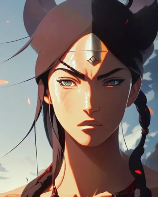 Image similar to azctec warrior, megan fox, detailed perfect face, exquisite details, fire magic, mid view, design on a white background, by studio muti, greg rutkowski makoto shinkai takashi takeuchi studio ghibli