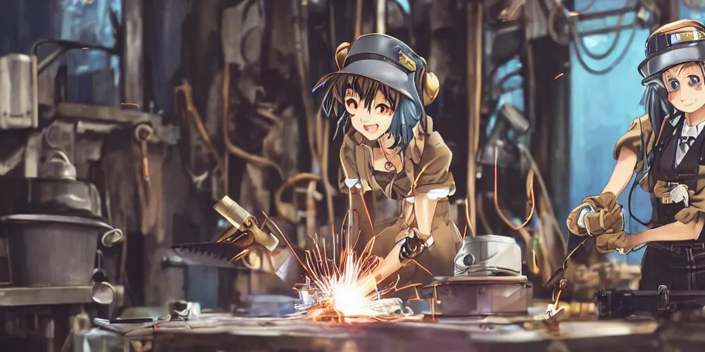 Image similar to Anime key visual of a steampunk girl welding metal in her workshop, official media